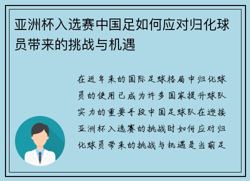 亚洲杯入选赛中国足如何应对归化球员带来的挑战与机遇